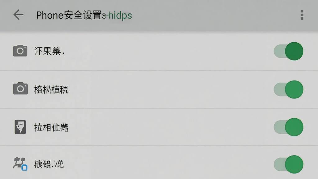 一张手机安全设置界面的示意图,画面为安卓系统设置页面中的权限管理界面,显示存储、相机、位置等权限开关列表,其中存储权限处于开启状态,界面风格为系统原生设计,配色中性,布局清晰,画质干净,无多余元素