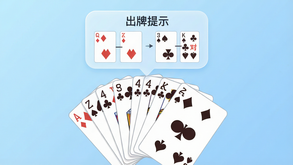 插画风格,画面中央是一张展开的扑克手牌呈扇形排列,手牌上方悬浮半透明的