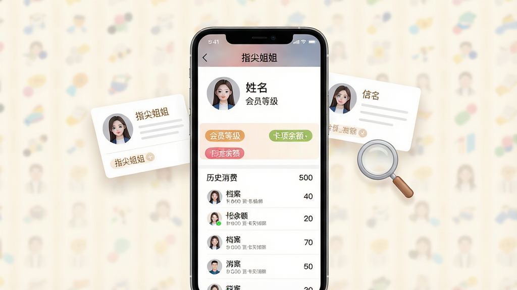 一张展示手机会员管理界面的画面,画面中央是一部竖屏手机,屏幕上显示“指尖姐姐”会员档案详情页,包含顾客头像、姓名、会员等级、卡项余额与历史消费列表,手机旁边漂浮着档案卡片与放大镜图标,背景为柔和的米白色,布局居中,风格简洁商务,细节上突出信息层级、标签色块与列表分隔线,画质高清,画面干净,无多余元素
