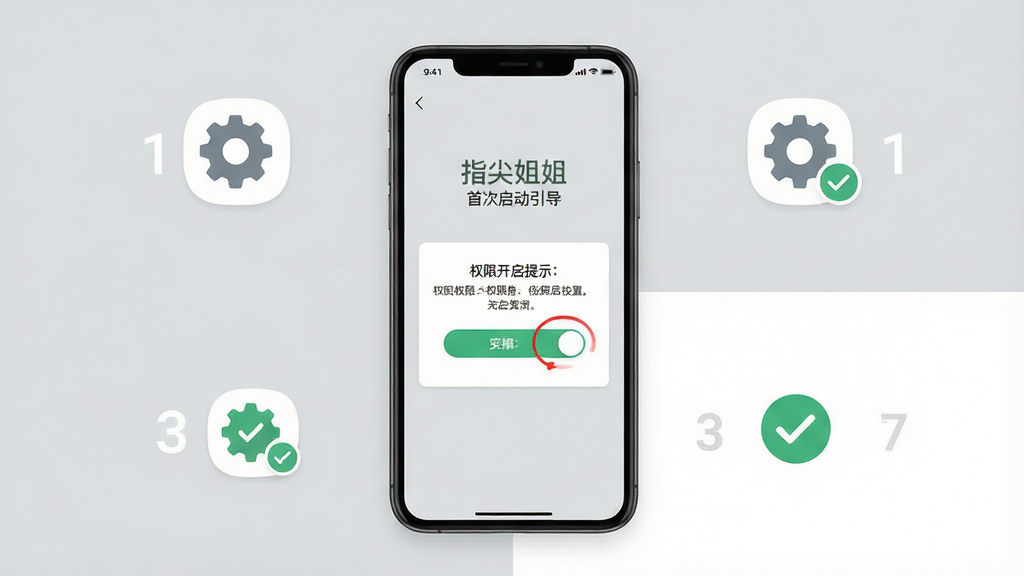一张展示手机安装与权限设置引导的画面,画面主体是一部手机,屏幕上显示“指尖姐姐”首次启动引导页与权限开启提示,旁边有齿轮图标与勾选标识,背景为浅灰与白色拼接的简洁空间,布局为手机居中、图标环绕,风格扁平清晰,细节上强调开关按钮、提示文案与步骤序号,画质高清,画面干净,无多余元素
