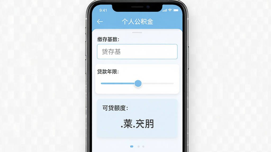个人公积金计算助手软件主界面全貌,手机屏幕居中展示,界面包含缴存基数输入框、贷款年限滑块、可贷额度结果卡片,布局清晰,浅蓝与白色配色,扁平化UI风格,细节干净,无多余装饰,高清画质