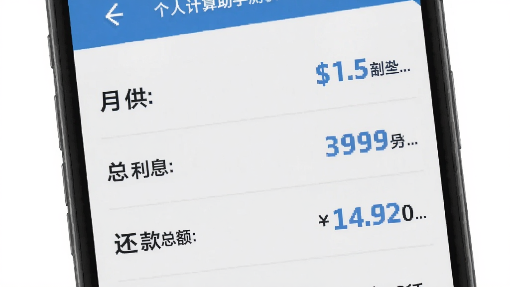 个人公积金计算助手测算结果明细页面,手机屏幕展示月供、总利息、还款总额分项列表,数字清晰,浅灰背景配蓝色强调色,扁平化设计,画质干净,无多余元素