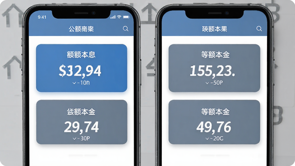 个人公积金计算助手双模式对比界面,手机屏幕中并排展示等额本息与等额本金两组结果数据,数字以卡片形式呈现,蓝灰配色,简洁商务风格,画质清晰,无杂乱元素
