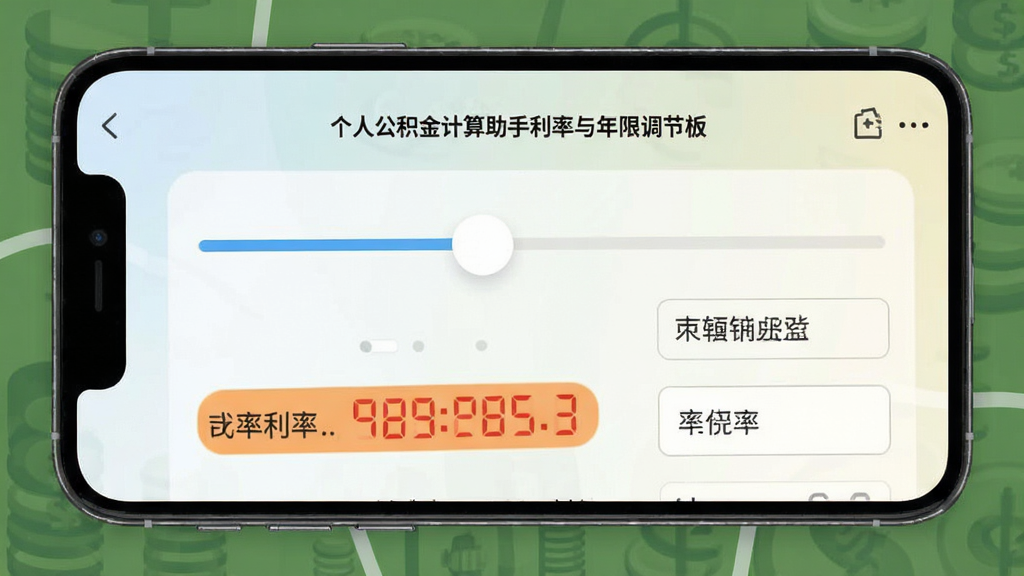 个人公积金计算助手利率与年限调节面板,手机界面展示滑块与数字输入框,利率数值高亮显示,背景为浅色渐变,扁平设计风格,细节清晰,画质干净
