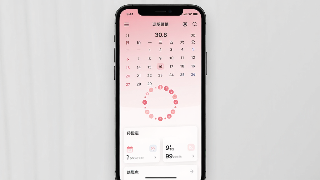 主体为一部智能手机正面展示经期跟踪应用主界面,布局采用居中构图,排版上手机屏幕内显示日历与粉色系周期圆环,风格为清爽扁平化UI设计,细节包括柔和的粉色与白色渐变背景、简洁的图标与数据卡片,画质高清干净无多余元素