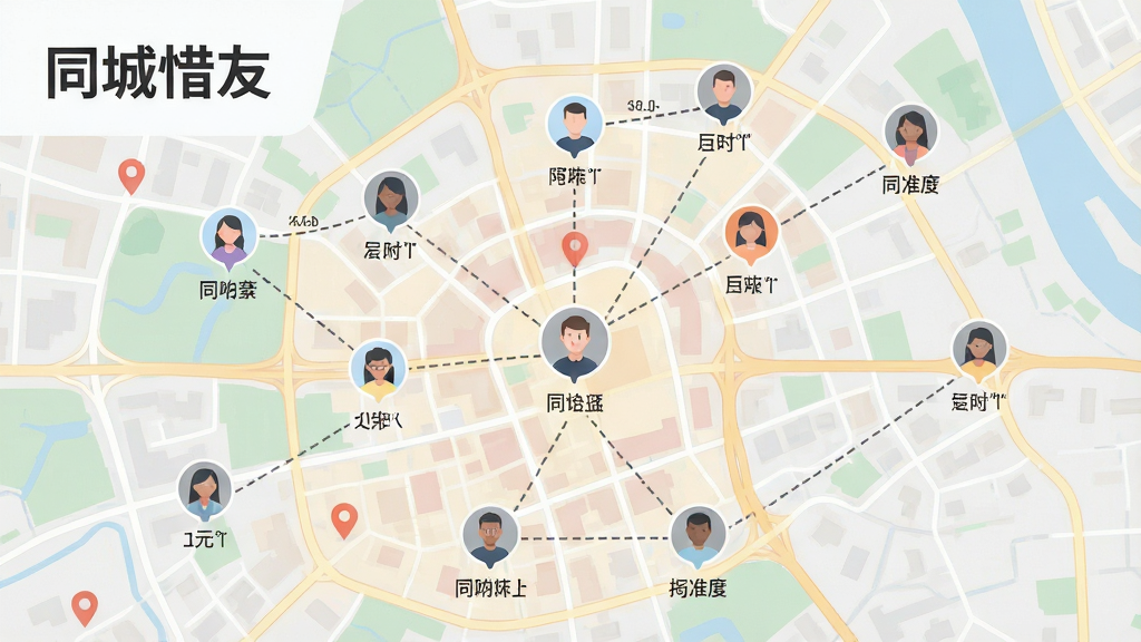 主体为一张城市地图俯视图,地图上分布多个圆形头像标记,标记之间以虚线连接,布局为地图占据画面主体,左上角显示“同城惜友”文字标识,排版简洁,风格为现代扁平化信息图,细节包含定位图钉、距离刻度与柔和的地图色块,画质高清,画面干净,无多余元素