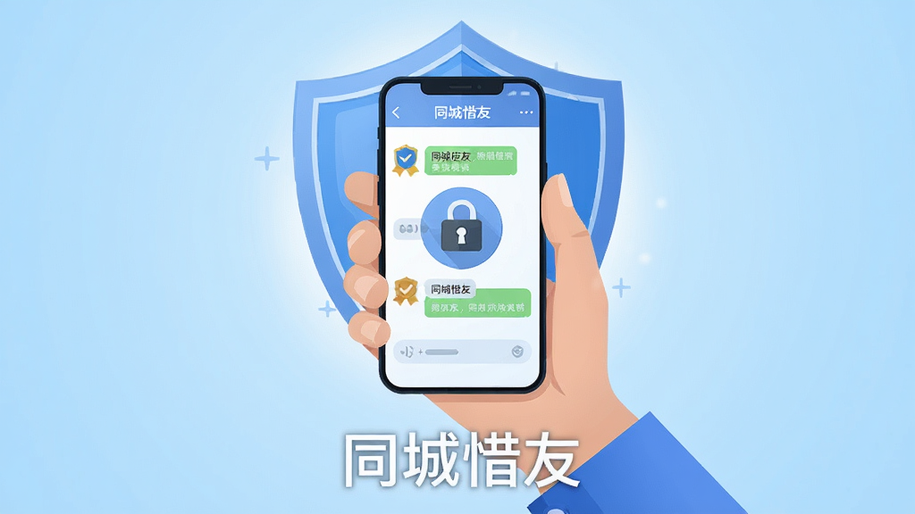 主体为一只手持盾牌的手托起手机屏幕,屏幕内显示同城惜友聊天界面与锁形图标,布局为盾牌与手机居中,背景为浅蓝色渐变,排版上“同城惜友”字样位于画面底部中央,风格为安全防护主题扁平插画,细节包含认证徽章、加密锁与柔和光晕,画质高清,画面干净,无多余元素
