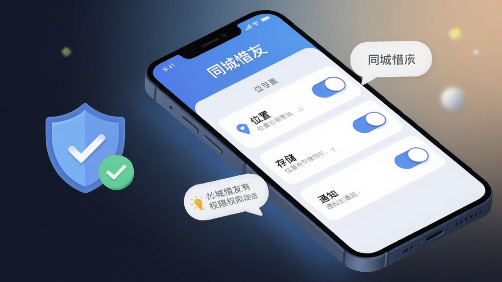 主体为一部手机屏幕显示同城惜友权限设置界面,界面中包含位置、存储、通知三个权限开关,布局为手机斜放于画面中央,左侧配有盾牌与对勾图标,排版上“同城惜友”名称显示于屏幕顶部,风格为科技感扁平插画,细节包含权限开关按钮、提示气泡与柔和背景光,画质高清,画面干净,无多余元素
