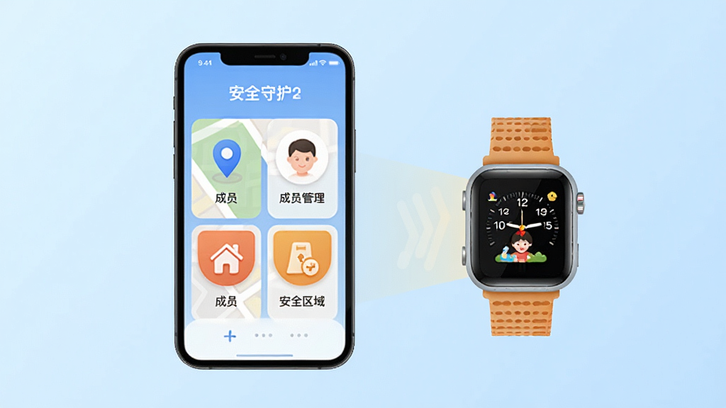 画面中央放置一部智能手机,屏幕显示“安全守护2”应用主界面,界面中包含地图定位、成员管理、安全区域等图标模块,手机旁边摆放一块儿童电话手表,二者通过柔和的光线连接,背景为浅蓝色渐变,布局简洁对称,风格为扁平化科技插画,细节上手机界面图标清晰、手表表带纹理可见,画质高清,画面干净,无多余元素