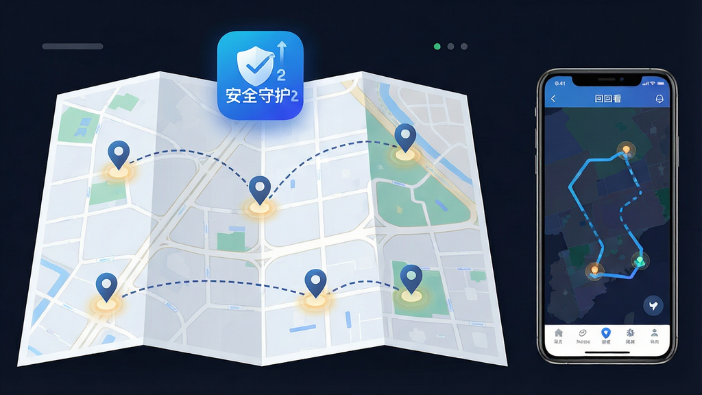 画面主体为一张展开的电子地图,地图上标注多个定位点并以虚线连接形成轨迹路线,地图上方悬浮“安全守护2”应用图标,右侧放置一部手机展示轨迹回看界面,布局为左图右机,风格为现代扁平化信息图,细节上地图道路网格清晰、定位点有光晕效果,画质高清,画面干净,无多余元素