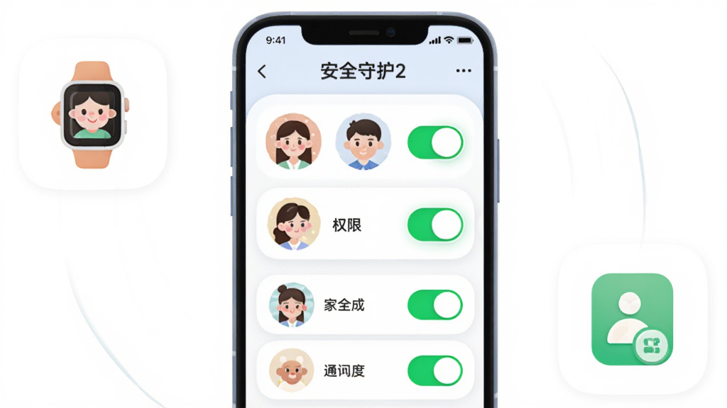 画面展示“安全守护2”成员管理界面,一部手机屏幕内呈现家庭成员头像列表与权限开关按钮,旁边有儿童手表图标和通讯录图标,布局为手机居中、图标环绕,风格为柔和圆角扁平插画,细节上头像圆形排列、开关按钮有绿色高亮,画质高清,画面干净,无多余元素