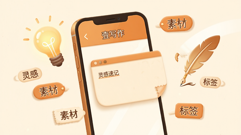 一张表现「壹写作」灵感速记功能的创意插画,画面中手机屏幕弹出便签式输入框,周围漂浮着发光的灯泡、羽毛笔与关键词标签,色调为暖橙与米白,风格为轻拟物插画,细节包含「灵感」「素材」「标签」等中文小字,画质清晰干净