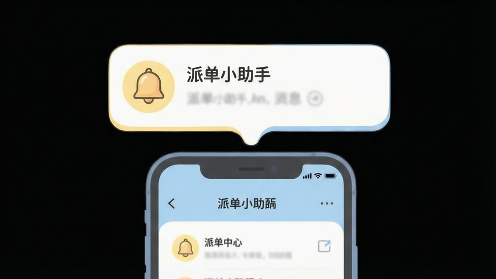 一张展示派单小助手消息提醒功能的图片,画面主体是一部手机与漂浮的通知气泡,屏幕中显示“派单小助手”消息中心界面,布局为上下结构,上方通知气泡下方手机,风格为柔和插画风,细节上使用铃铛图标、浅黄与浅蓝配色、圆角气泡,画质清晰,干净,无多余元素