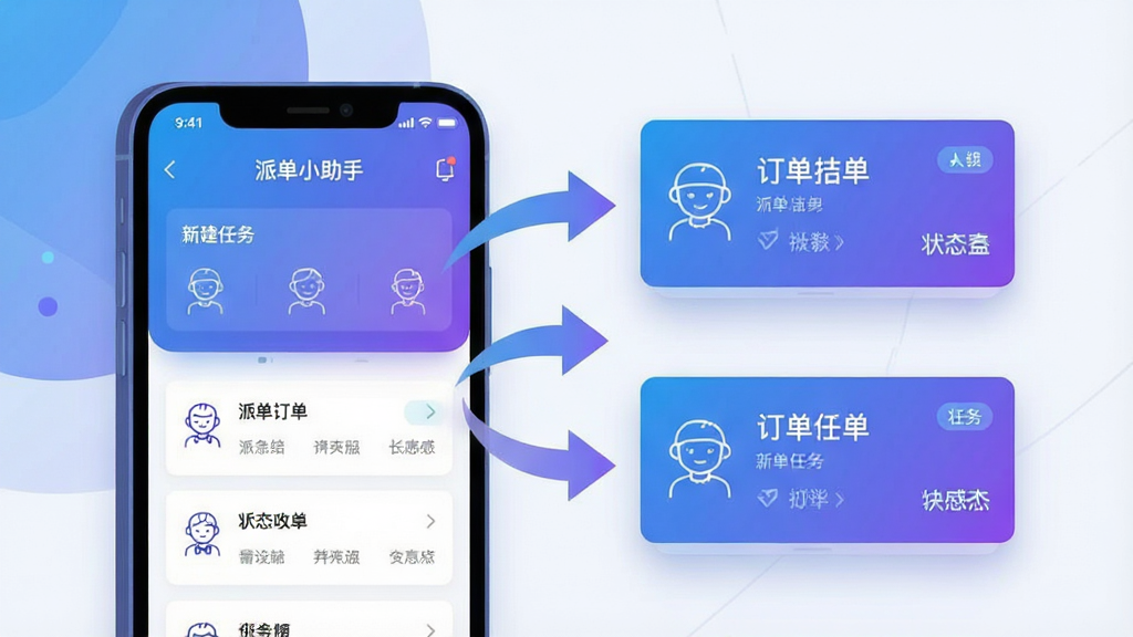 一张展示派单小助手任务派发功能的场景化图片,画面主体是手机屏幕与悬浮的订单卡片,屏幕中显示“派单小助手”新建任务界面,周围有箭头与状态标签元素,布局为左右分栏,左侧手机右侧任务卡片,风格为科技感扁平插画,细节上使用蓝紫渐变、简洁线性图标与柔和阴影,画质清晰,干净,无多余元素