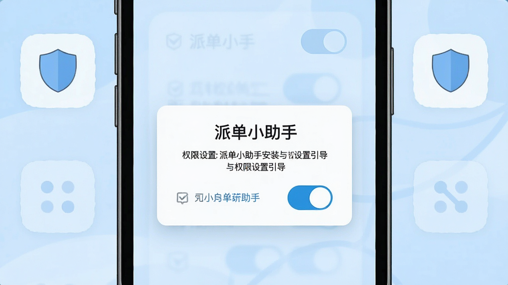 一张展示派单小助手安装与权限设置引导的图片,画面主体是手机屏幕与设置图标,屏幕中显示“派单小助手”权限请求弹窗,布局为居中构图,风格为简洁说明类插画,细节上使用盾牌图标、开关按钮与浅蓝背景,画质清晰,干净,无多余元素