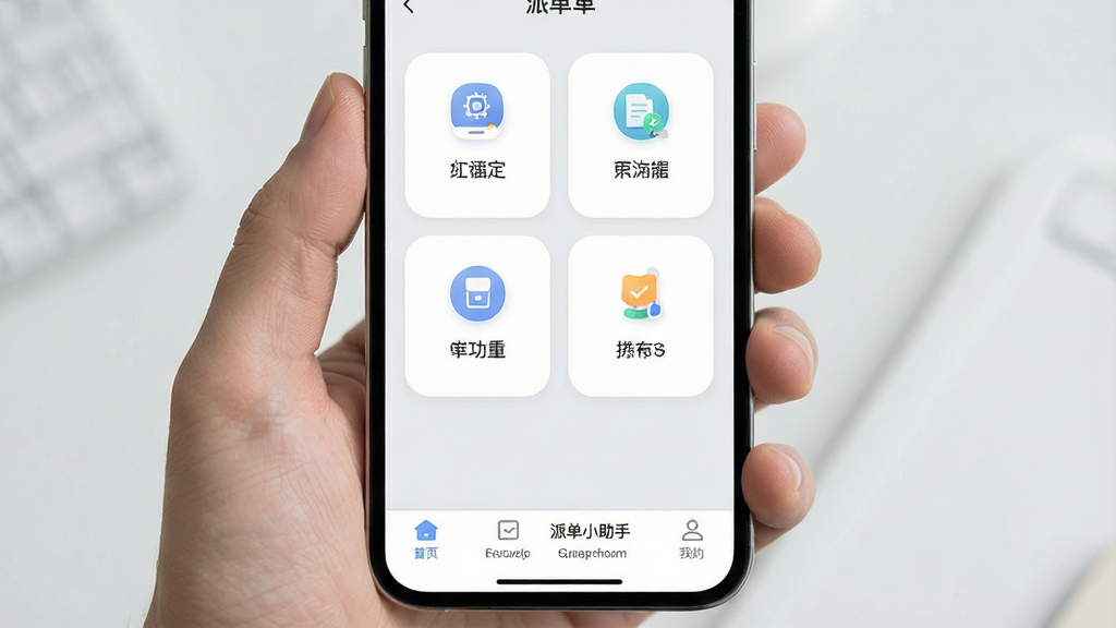 一张展示派单小助手简洁操作界面的图片,画面主体是手机应用主界面,屏幕中显示“派单小助手”底部导航栏与功能入口,布局为居中对称,风格为极简清新的移动端UI风格,细节上使用大面积留白、圆角图标与浅灰背景,画质清晰,干净,无多余元素