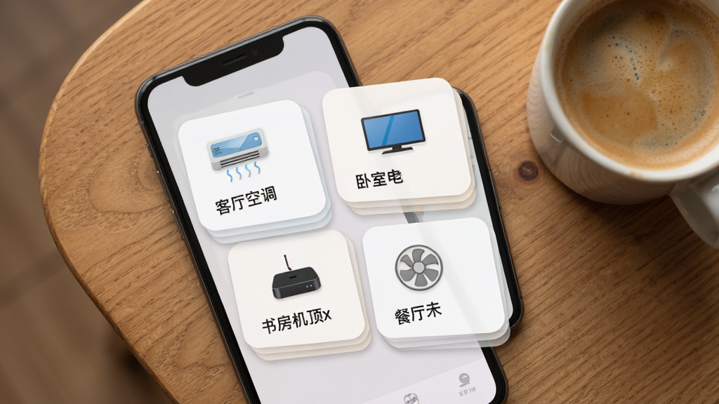 画面呈现一个手机屏幕内的卡片式管理界面,屏幕上排列着四张设备卡片,分别标注客厅空调、卧室电视、书房机顶盒和餐厅风扇,每张卡片配有对应的家电小图标,手机放置在木质桌面上,旁边有一杯咖啡,布局采用俯视视角,风格为温馨家居生活风,细节上突出卡片界面的层次感与桌面物品的质感,画质柔和清晰,无多余杂物