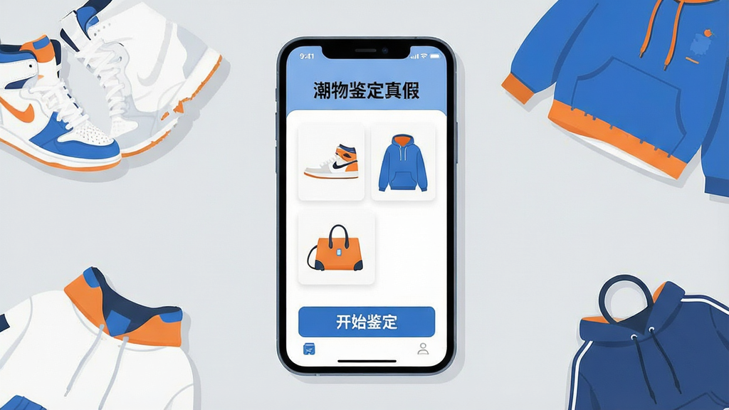 一张手机屏幕展示潮流服饰鉴定界面的场景图,画面中央是一部竖屏手机,屏幕上显示“潮物鉴定真假”应用的主页,页面中有球鞋、卫衣、箱包三张商品卡片和醒目的“开始鉴定”按钮,手机周围散落着几件潮流单品作为点缀,背景为浅灰色工作室桌面,整体采用清爽的扁平化插画风格,色彩以白、蓝、橙为主,画质清晰干净,无多余元素