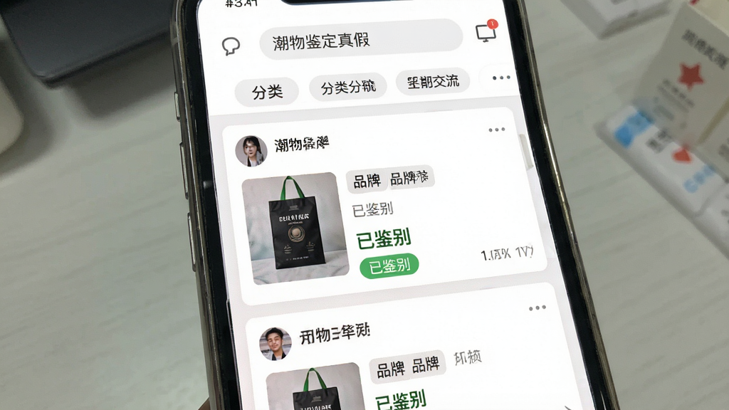 一张展现“潮物鉴定真假”社区交流板块的界面图,画面为手机屏幕中显示多条用户发布的鉴别案例卡片,卡片上带有商品图片、品牌标签和“已鉴别”状态标识,屏幕上方有搜索栏和分类筛选按钮,背景为白色简洁布局,风格为移动应用界面展示,画质清晰,排版整齐,无多余装饰