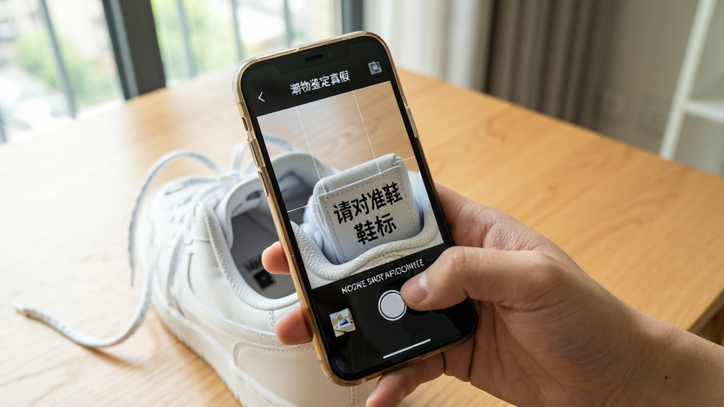 一张展示用户在手机上操作“潮物鉴定真假”拍摄球鞋细节的实景图,画面中一只手握着手机对准桌上的白色运动鞋鞋标区域,手机屏幕显示拍摄取景框和“请对准鞋标”的提示文字,背景为室内桌面环境,光线明亮自然,风格为写实摄影,画质清晰,构图简洁,无多余物品