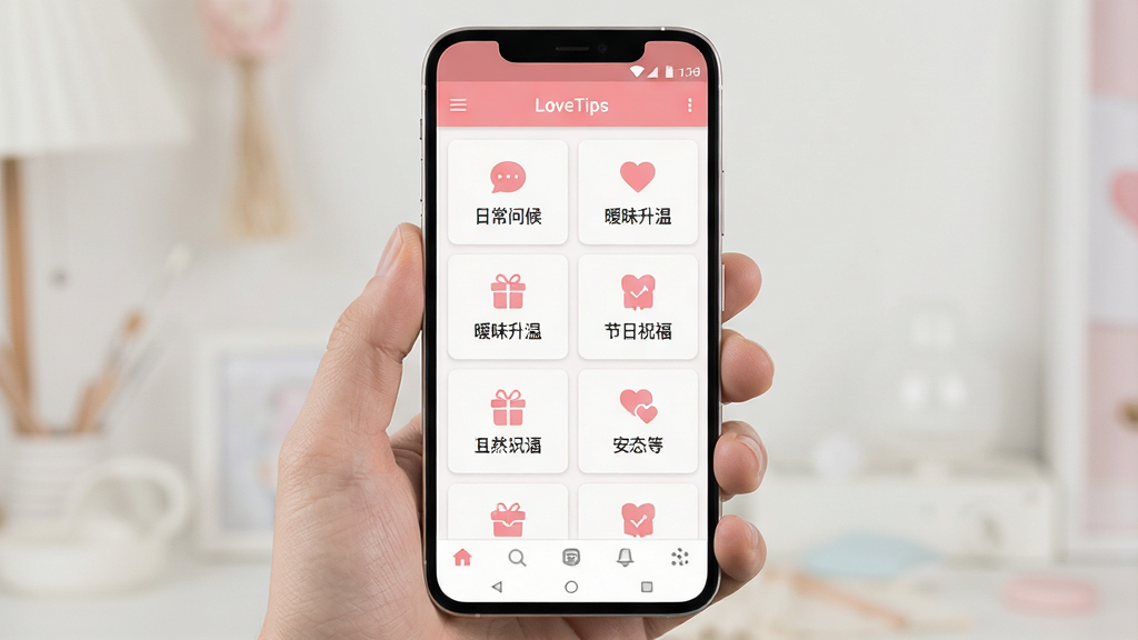 一张手机应用界面展示图,画面中央是一部竖屏安卓手机,屏幕显示“LoveTips”应用主界面,顶部有软件名称“LoveTips”字样,界面采用柔和的粉白配色,主区域排列着多个话术分类卡片,如“日常问候”“暧昧升温”“节日祝福”等,卡片带有简洁图标,底部有导航栏,整体布局清晰,风格清新温暖,细节精致,画质高清,干净无多余元素