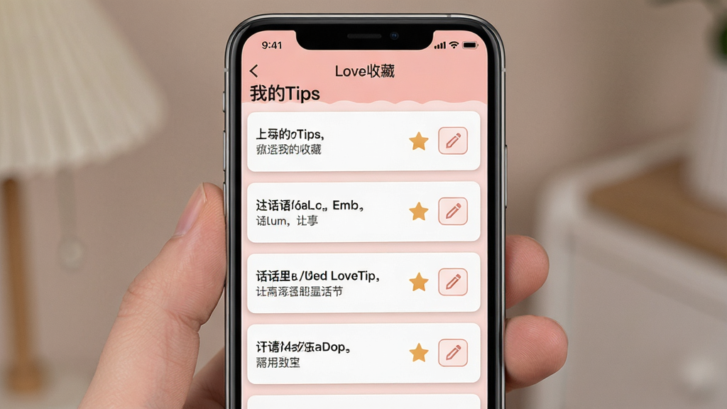 一张展示LoveTips收藏管理界面的手机应用图,竖屏手机屏幕显示“LoveTips”个人收藏页面,列表中有多条已收藏话术,每条右侧有星标图标和编辑按钮,顶部有“我的收藏”标题,界面采用浅粉色背景搭配白色卡片,布局规整,风格温馨简洁,细节精致,画质高清,干净无多余元素