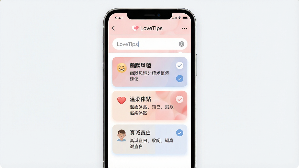 一张展示LoveTips智能推荐功能的手机界面图,竖屏手机屏幕中央显示“LoveTips”聊天推荐页面,顶部有输入框,下方列出三条不同风格的回复建议卡片,分别标注“幽默风趣”“温柔体贴”“真诚直白”,卡片带有选中高亮效果,界面配色柔和,布局清晰,风格现代简洁,画质高清,干净无多余元素
