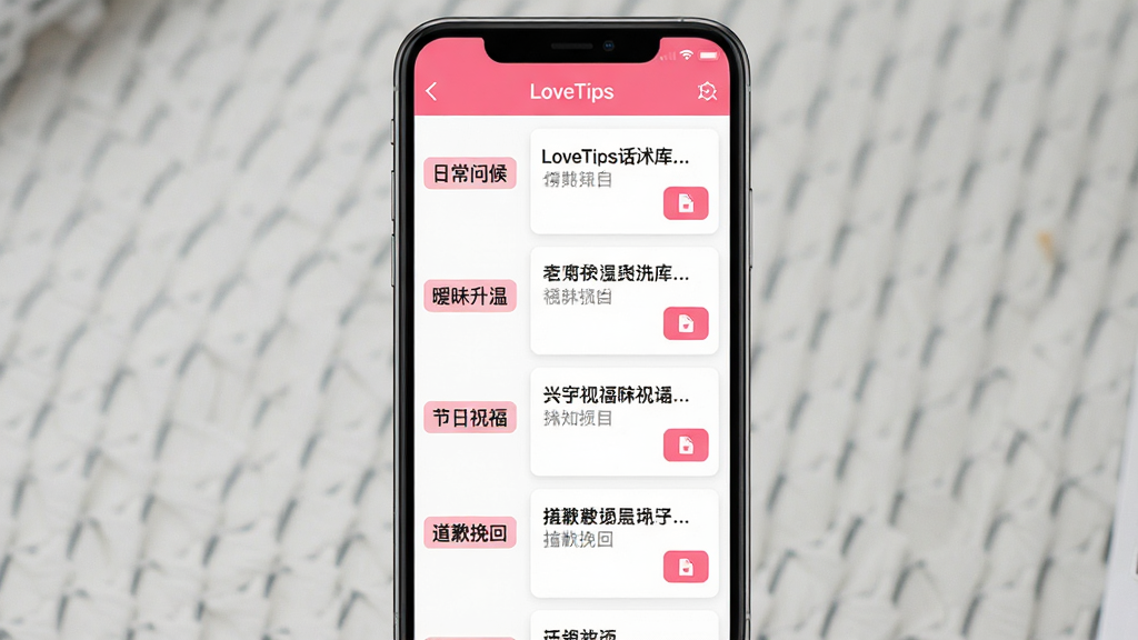 一张展示LoveTips话术库界面的手机截图风格图片,画面中央竖屏手机屏幕显示“LoveTips”话术分类列表,左侧有场景标签如“日常问候”“暧昧升温”“节日祝福”“道歉挽回”,右侧展示多条话术卡片,卡片上有文字预览和复制按钮,整体粉白配色,布局整齐,风格清爽,细节清晰,画质高清,干净无多余元素