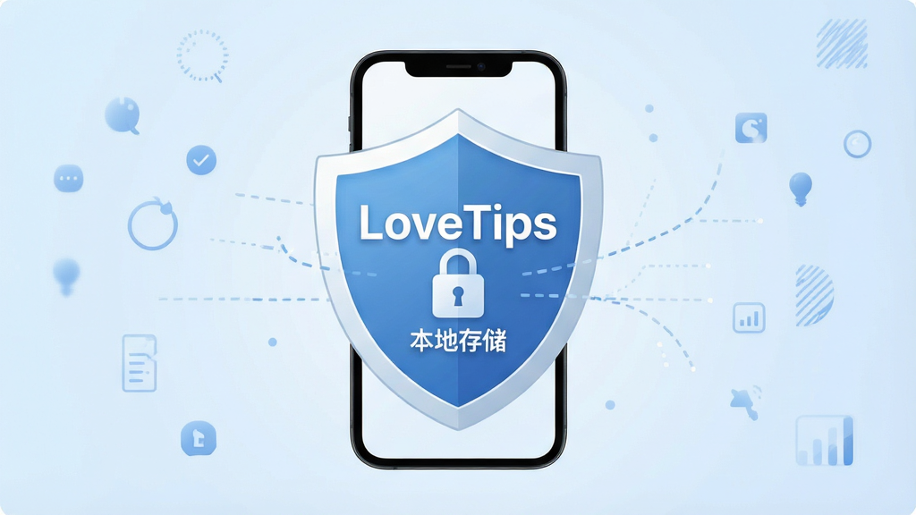 一张展示LoveTips隐私保护功能的创意插图,画面中央是一部手机与一个盾牌图标组合,盾牌上写有“LoveTips”字样,手机屏幕显示锁形图标和“本地存储”文字,背景为柔和的浅蓝色渐变,整体风格简洁现代,布局居中对称,细节干净利落,画质高清,无多余元素