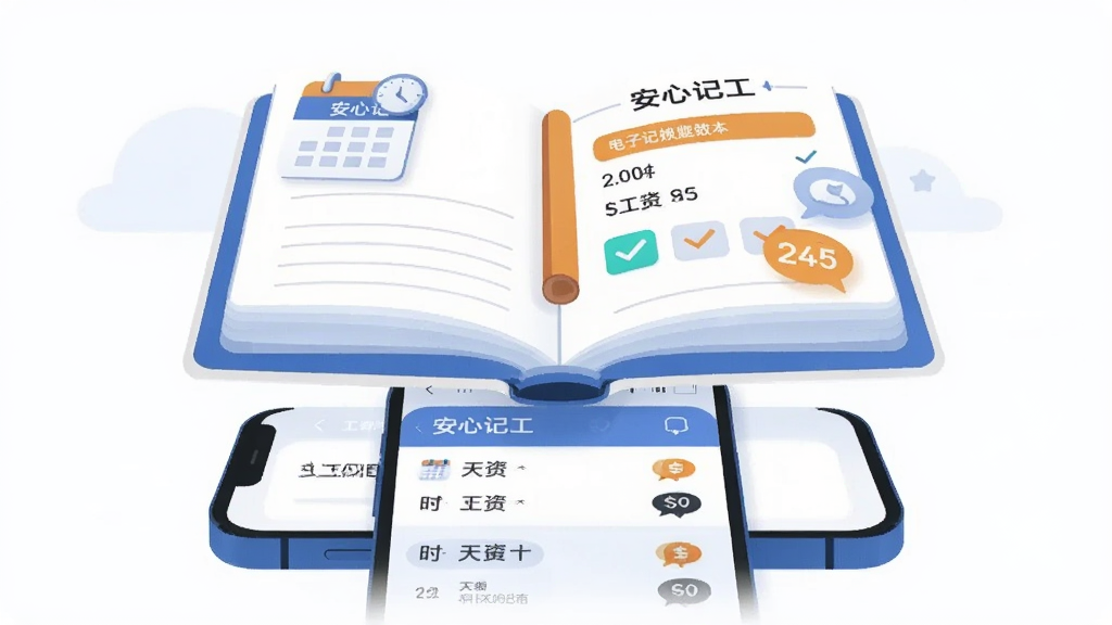 画面主体为一本翻开的电子记账本悬浮在手机屏幕上方,屏幕中显示安心记工的工时列表界面,布局为手机居中、记账本呈扇形展开在手机上方,排版采用上下结构、上方记账本下方手机,风格为扁平化插画风、色调以蓝白为主搭配暖橙色点缀,细节包括日历图标、时钟图标、对勾标记和工资数字气泡,画质清晰干净、无多余元素