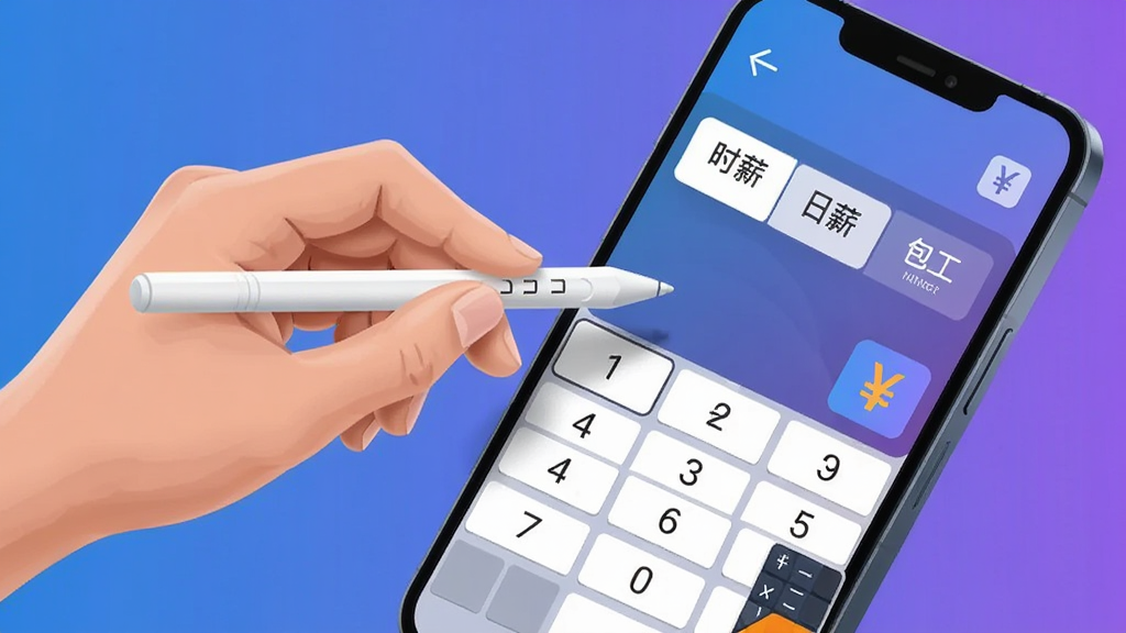 画面主体为一只手持触控笔点击手机屏幕上的单价设置面板,面板中显示时薪、日薪、包工三种计价模式选项卡,布局为手机占据画面右侧三分之二、手持笔从左侧伸入,排版采用对角线构图,风格为现代科技插画风、蓝紫渐变背景,细节包括数字键盘、货币符号和计算器图标,画质细腻干净、无多余元素