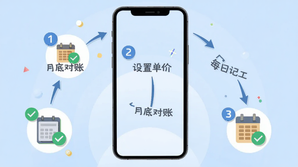 画面主体为一部手机屏幕显示安心记工的新手引导步骤图,共三步分别标注「设置单价」「每日记工」「月底对账」,布局为手机居中、三步图标环绕手机呈半圆排列,排版采用中心放射式,风格为扁平化教程插画风、浅蓝底色,细节包括数字序号圆标、箭头引导线和绿色完成对勾,画质清晰干净、无多余元素