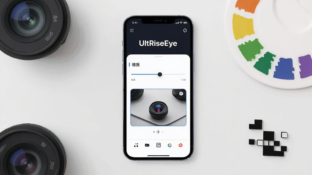 画面中央放置一部智能手机,屏幕显示 UltRiseEye 应用主界面,界面包含图像增强滑块与预览窗口,背景为简洁的浅灰色工作台,周围点缀镜头、调色盘与像素方块等视觉元素,整体采用扁平化科技风格,构图对称均衡,细节清晰锐利,画质干净明亮,无多余杂乱元素