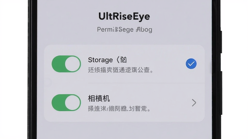 手机屏幕显示 UltRiseEye 的权限设置引导页面,页面中列出存储与相机两项权限开关,旁边配有勾选标记与提示文字,背景为浅灰色,风格简洁清晰,主体突出,画质干净,无多余元素