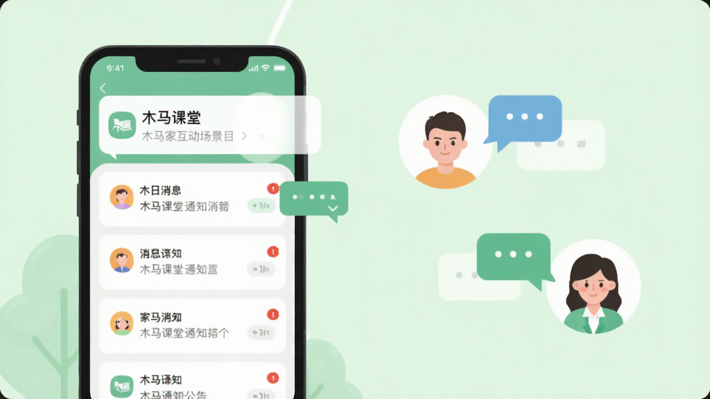 一张家校互动场景示意图,画面中一部手机屏幕显示“木马课堂”通知公告界面,旁边以简洁图标形式呈现家长与教师头像及对话气泡,背景为柔和浅绿色,布局为手机居左、图标居右的平衡构图,风格为扁平插画风,细节包括消息列表、未读红点与圆角卡片,画质清晰,画面干净,无杂乱装饰