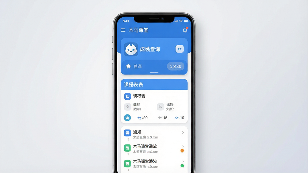一张干净简洁的安卓手机界面展示图,画面中央是一部竖屏手机,屏幕上显示“木马课堂”应用主界面,包含成绩查询卡片、课程表模块与通知列表,整体采用蓝白配色,背景为浅灰渐变,布局居中对称,风格为现代扁平化UI设计,细节包括圆角图标、清晰文字排版与柔和阴影,画质高清,画面干净,无多余装饰元素