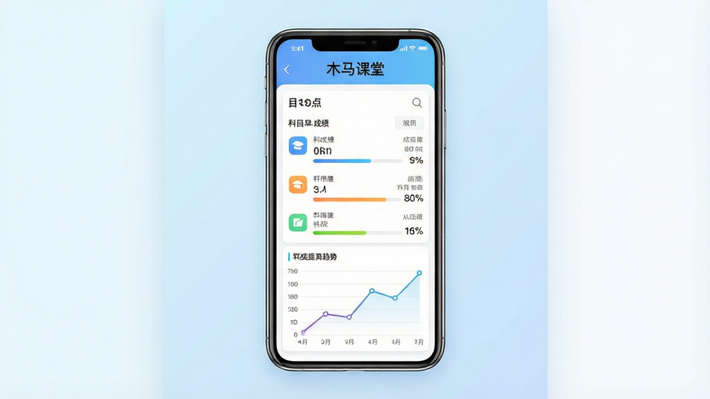 一张教育类应用功能展示图,画面主体为手机屏幕中的成绩查询页面,屏幕上方显示“木马课堂”字样,页面内包含科目成绩列表与折线趋势图,背景为浅蓝色渐变,布局为手机居中、两侧留白,风格清新简约,细节包括彩色数据条、清晰数字与图标,画质高清,画面干净,无多余元素