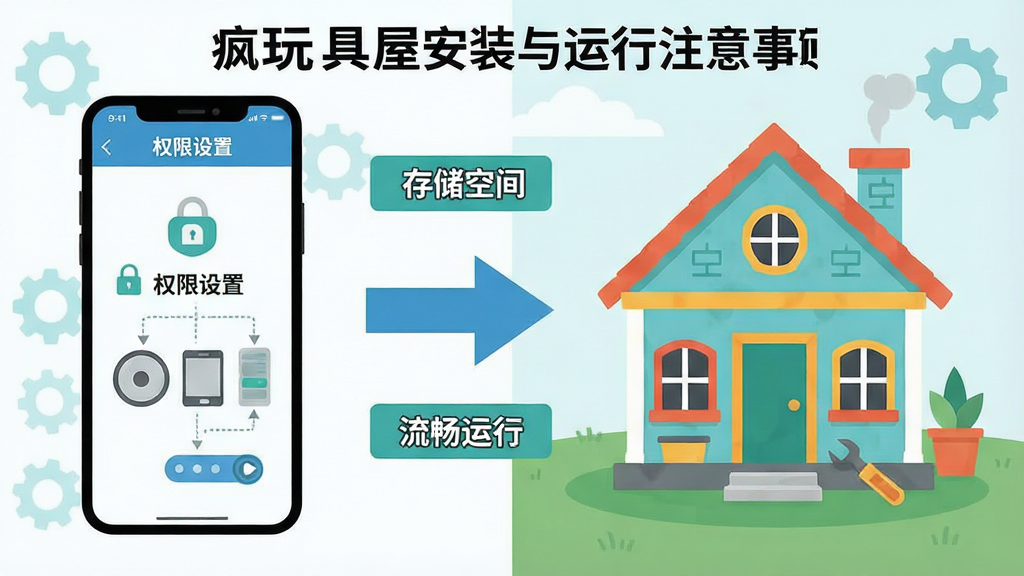 一张展示疯狂玩具屋安装与运行注意事项的示意图,画面左侧为手机安装界面示意,右侧为玩具屋正常运行画面,中间以箭头连接,画面中包含“权限设置”“存储空间”“流畅运行”等文字标签,整体风格为信息图式扁平设计,配色清爽,排版清晰,画质干净