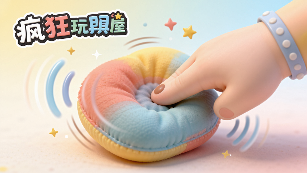 一张展示疯狂玩具屋互动反馈效果的画面,画面中一只卡通手正在按压一个柔软的捏捏乐玩具,玩具表面呈现凹陷回弹的动态效果,周围有轻微的音波符号和星星点缀,背景为柔和的浅色渐变,整体风格轻松活泼,画质干净细腻,画面中带有“疯狂玩具屋”字样