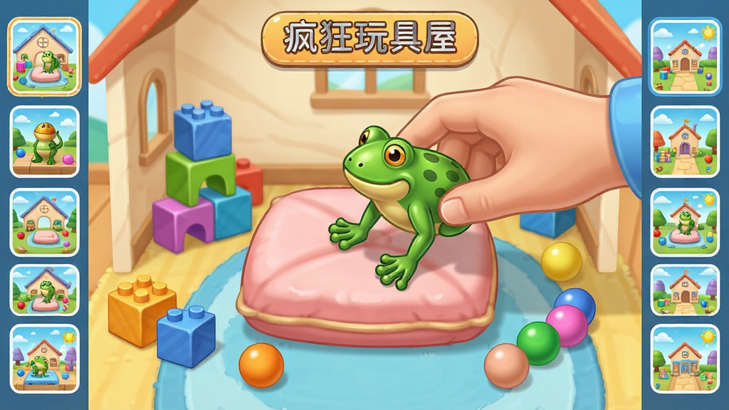 一张展示疯狂玩具屋自由摆放功能的示意图,画面中一只手正将一只发条青蛙拖拽到玩具屋中央的软垫上,周围散落着积木块和彩色小球,界面边缘显示可切换的场景主题缩略图,整体风格为清新卡通,色彩明快,构图均衡,画质细腻干净,画面中带有“疯狂玩具屋”字样的标签