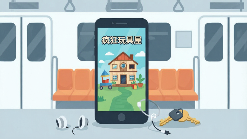 一张展示疯狂玩具屋离线使用场景的插图,画面中一部手机屏幕显示玩具屋界面,手机旁放置着耳机和钥匙,背景为地铁车厢的简约轮廓,整体风格为扁平化插画,色调清爽,构图简洁,画质干净无多余元素,手机屏幕上带有“疯狂玩具屋”字样