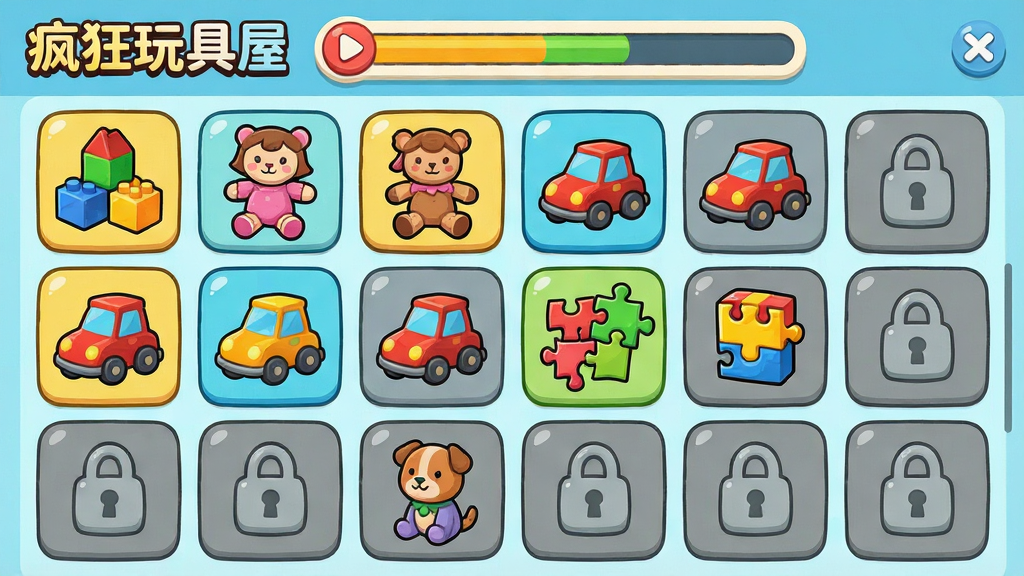 一张展示疯狂玩具屋玩具图鉴界面的插图,画面以网格形式排列着多种卡通玩具图标,包括积木、玩偶、小车、拼图等,部分图标呈彩色已解锁状态,部分呈灰色待解锁状态,顶部显示收集进度条,整体排版整齐,风格活泼可爱,画质清晰干净,画面中带有“疯狂玩具屋”文字标识