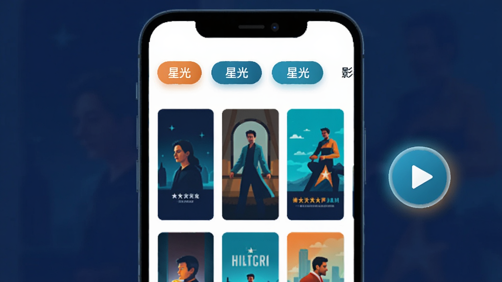 主体为手机屏幕内展示影视分类标签栏与影片卡片网格,旁边悬浮一个播放按钮图标;布局采用居中对称构图,上方分类标签横向排列,下方影片封面三列排布;排版整齐有序,留白充足;风格为扁平化插画风,配色以深蓝、青色与橙色点缀;细节包括卡片圆角、标签高亮状态、播放按钮带光晕;画质清晰干净,图中标签文字包含“星光”