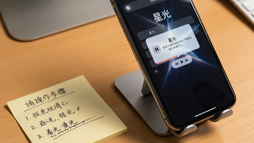 主体为一部手机放置在桌面支架上,屏幕显示播放器错误提示弹窗与设置选项,旁边摆放一张写有操作步骤的便签纸;布局采用对角线构图,手机位于画面右侧,便签位于左下;排版简洁,重点突出屏幕内容;风格为写实产品场景图,暖色桌面背景;细节包括便签上的手写步骤线条、手机屏幕边框反光、弹窗按钮清晰;画质高清,画面干净无多余杂物,屏幕内文字包含“星光”