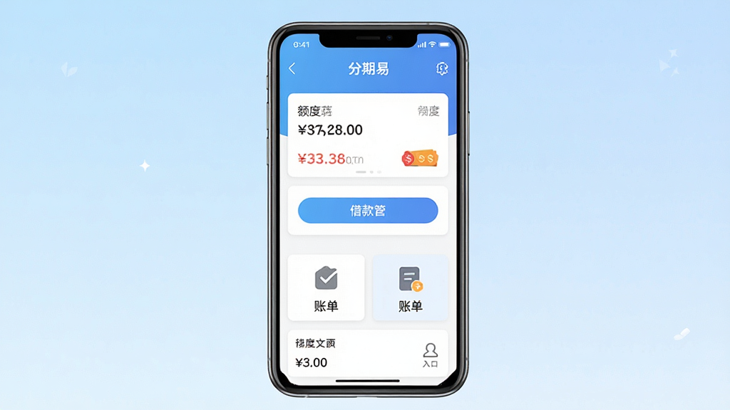一张手机应用界面展示图,画面主体是一部竖屏智能手机,屏幕上显示“分期易”应用首页界面,包含额度卡片、借款按钮、账单入口等模块,布局居中对齐,背景为浅蓝色渐变,风格简洁现代扁平化,细节清晰,画质干净,无多余元素