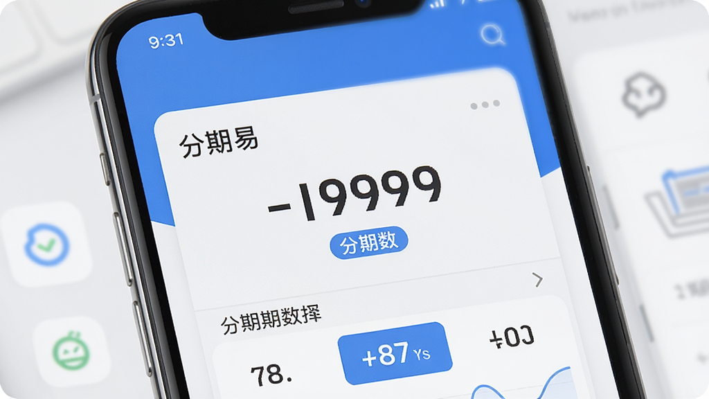 一张手机应用额度展示界面图,画面主体是手机屏幕,显示“分期易”额度卡片与分期期数选择区域,卡片上有金额数字与期数标签,布局简洁,风格商务清新,配色以浅灰与蓝色为主,细节清晰,画质干净,无多余元素