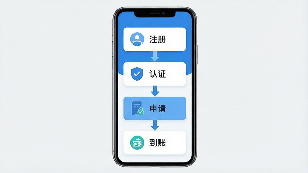 一张手机应用操作流程示意图,画面主体是一部手机,屏幕上用分步卡片展示“注册”“认证”“申请”“到账”四个步骤,步骤之间用箭头连接,布局自上而下排列,风格清新扁平,配色以蓝白为主,细节清晰,画质干净,无多余元素