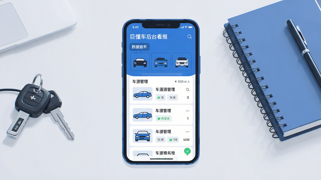 巨懂车手机应用界面展示,画面中央是一部竖屏智能手机,屏幕上呈现汽车商家后台数据看板与车源管理列表,背景为整洁的浅灰色办公桌面,旁边放置汽车钥匙与笔记本,整体采用清爽的扁平化插画风格,色调以蓝白为主,细节清晰,画质干净,无多余元素