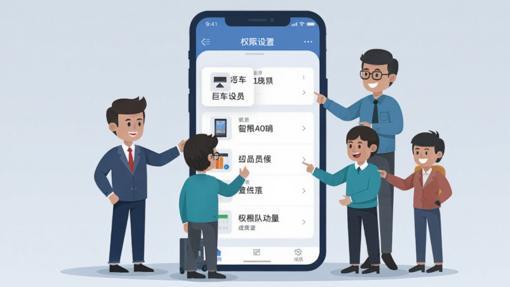 巨懂车团队协作功能示意,画面中多位卡通人物围绕一部大屏手机协同工作,手机屏幕显示权限设置与成员列表界面,背景为浅灰蓝色,扁平化商务风格,构图均衡,细节清晰,画质干净
