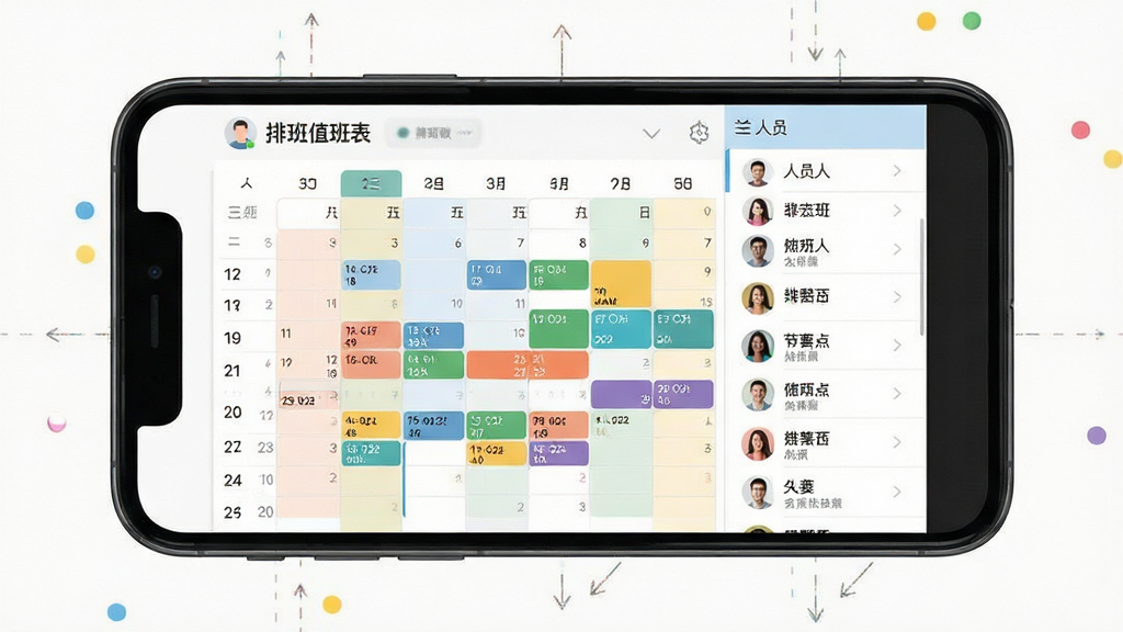 一幅展示排班值班表软件界面的手机屏幕预览图,画面中央为手机正视图,屏幕内显示彩色日历排班视图与人员名单列表,布局整齐清晰,采用扁平化UI设计风格,细节包含日期数字、班次色块、姓名标签,画质高清,画面干净,无多余元素